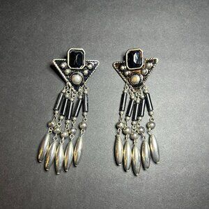 VTG Boho Art Deco Black & Silver Tone Rhinestone Studded Dangle Drop Earrings